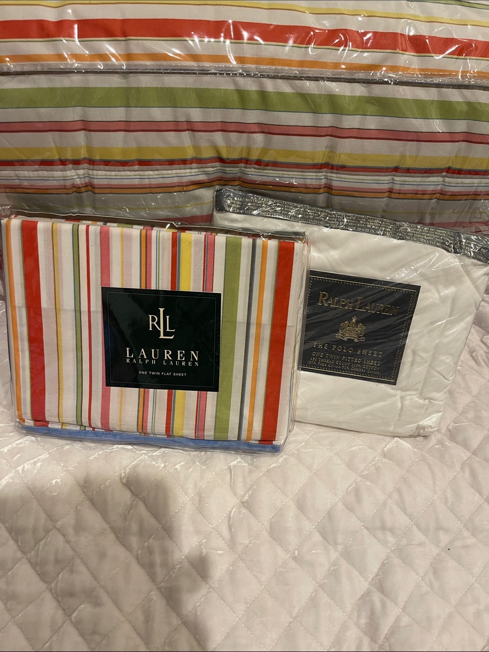 NEW Ralph Lauren Harbor stripe twin, flat sheet and polo white fitted sheet
